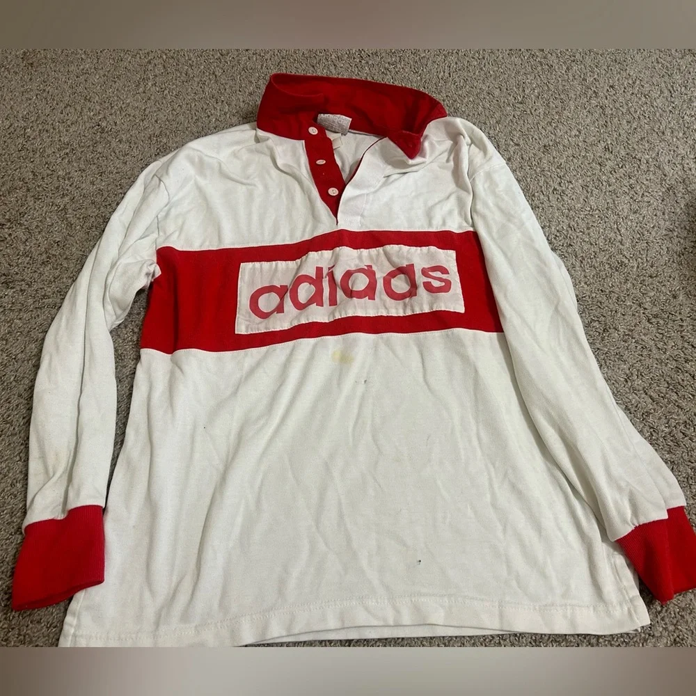 80s ADIDAS Rugby Shirt Vtg. Spellout Long Sleeve Polo Jersey Red White Retro Men